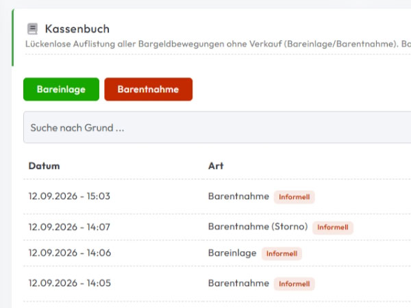 Funktion Kassenbuch Übersicht